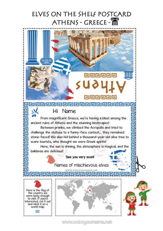Colouring page to print Christmas Elves Greece Mischievous Elf's Journey Postcard Postcard Of Multiple Elves Athens Several Mischievous Elves.