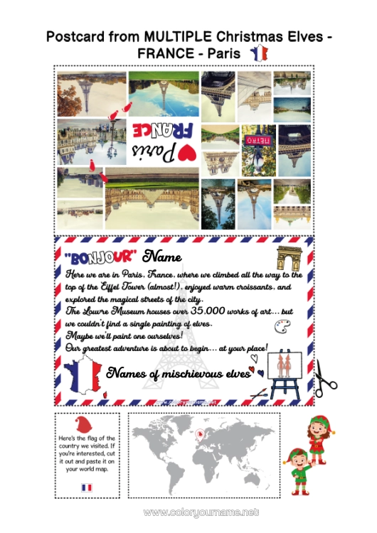 Colouring page to print France Paris Mischievous Elf's Journey Postcard Postcard Of Multiple Elves Several Mischievous Elves.