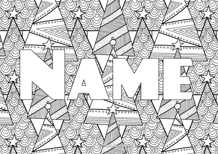 Colouring page to print Decorated Name Zentangle Fir Tree Decorative Background