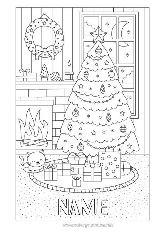 Colouring page to print Cat Winter Gifts Christmas Decorations Chimney Christmas Wreath Dogs And Cats Fir Tree