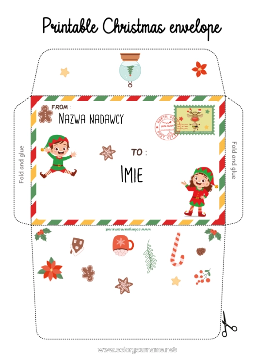 Kolorowanka do wydruku Świąteczne Skrzaty Boże Narodzenie Listy Psotnych Skrzatów Koperta Koperta Do Druku Koperta Świąteczna