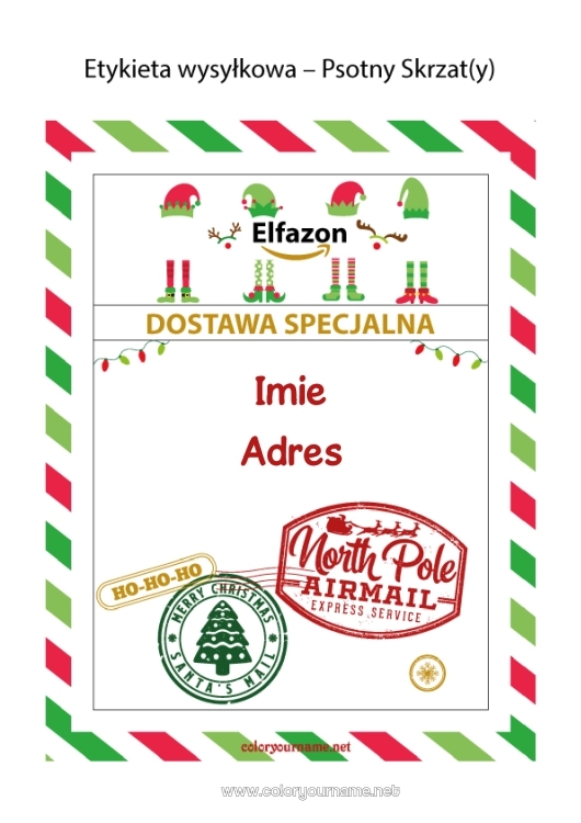 Kolorowanka do wydruku Listy psotnych skrzatów Etykieta Podróż Świątecznego Elfa List powitalny od skrzata Etykieta wysyłkowa Elf Koperta na list od Świętego Mikołaja