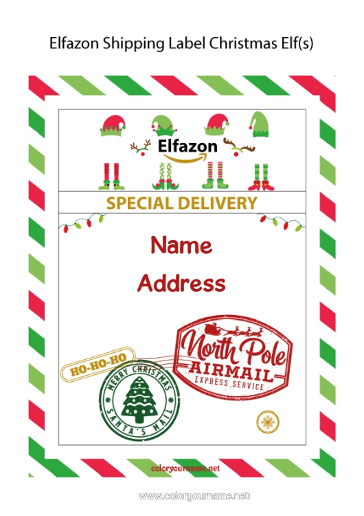 Colouring page to print Letters From Mischievous Elves Label Mischievous Elf's Journey Letter From The Elf Shipping Label Elf Envelope For The Christmas Trickster Elf's Mail