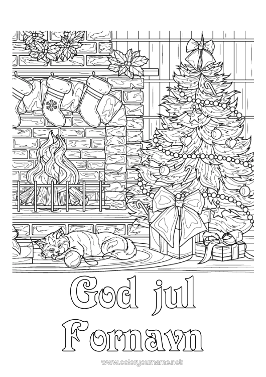 Fargeleggingssiden til utskrift Katt Juletre Jul Peis Komplekse fargelegginger Hunder og katter Julesokk