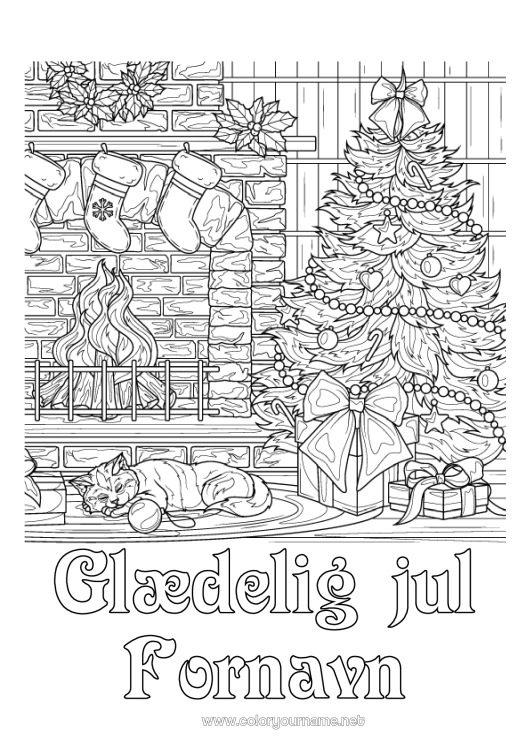 Farvelægningssiden til udskrivning Kat Juletræ Jul Pejs Komplekse farvelægninger Hunde og katte Julesok