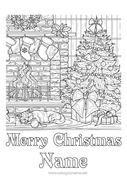 Colouring page to print Cat Christmas Tree Christmas Chimney Complex Colouring Pages Dogs And Cats Christmas Stocking