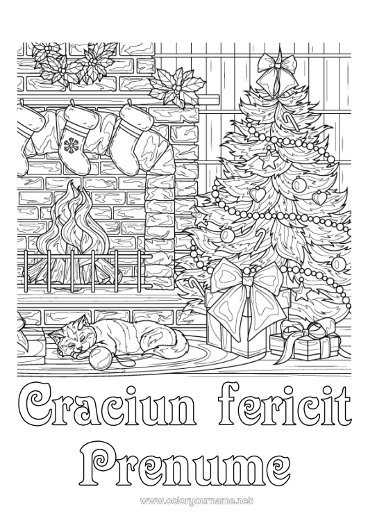 Pagină de colorat de imprimat Pisică Brad de Crăciun Crăciun Șemineu Desene de colorat complexe Câini și pisici Ciorap de Crăciun