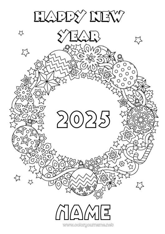 Coloring page to print Party Christmas decorations Happy new year Christmas wreath 