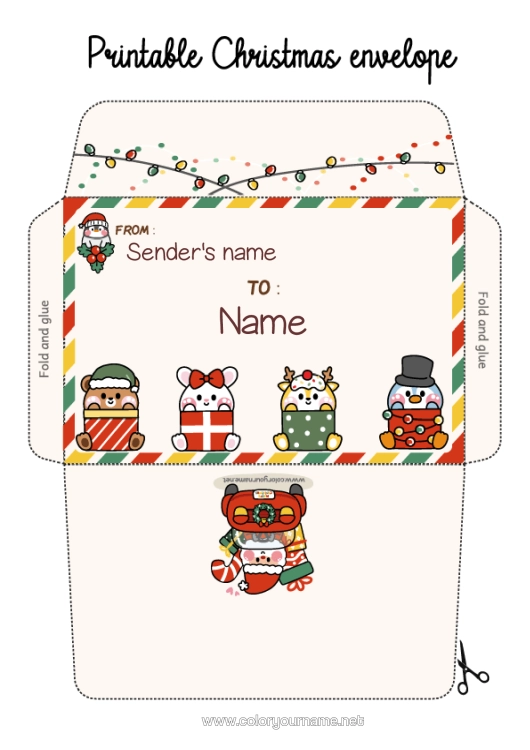 Colouring page to print Christmas Cute Mouse Penguin, Tuxedo Animal Teddy Bear Envelope Birds And Flying Mammals Forest Animals Print Envelope Christmas Envelope