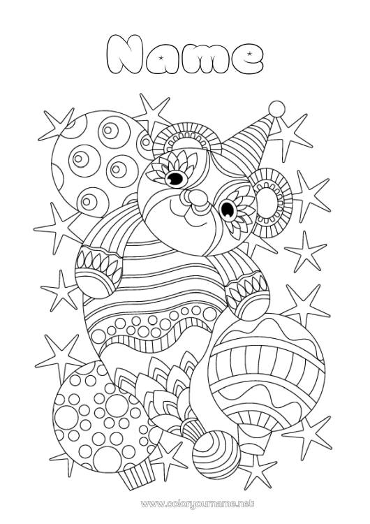 Colouring page to print Party Christmas Bauble Animal Panda Hat Stars Other Animals Of The World