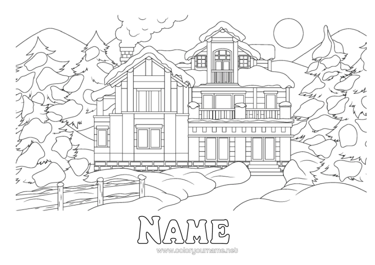 Colouring page to print Snow Winter House Fir Tree Mountain Cabin