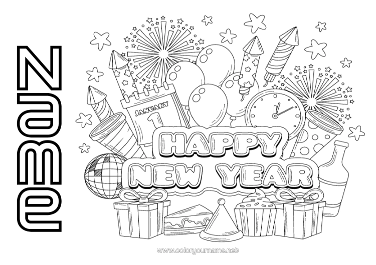 Colouring page to print Happy New Year Firework Champagne