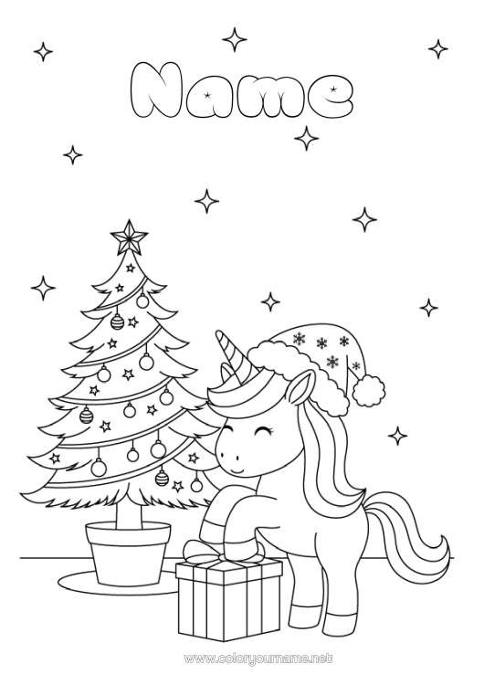 Colouring page to print Gifts Christmas Tree Christmas Unicorn Animal Dragons, Unicorns, And Fantastical Creatures Christmas Hat