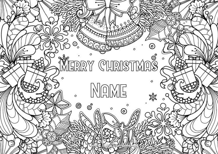 Colouring page to print Gifts Christmas Bell Holly Complex Colouring Pages "Merry Christmas" Message Framework Decorative Background