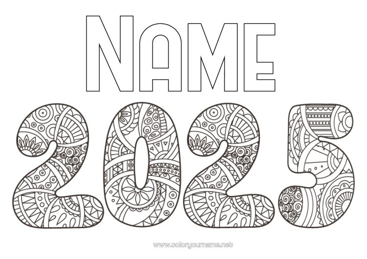 Colouring page to print Happy New Year Zentangle 2025