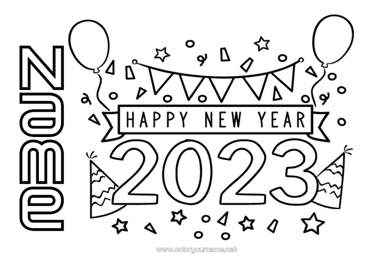Colouring page to print 2023 Happy New Year "Happy New Year"