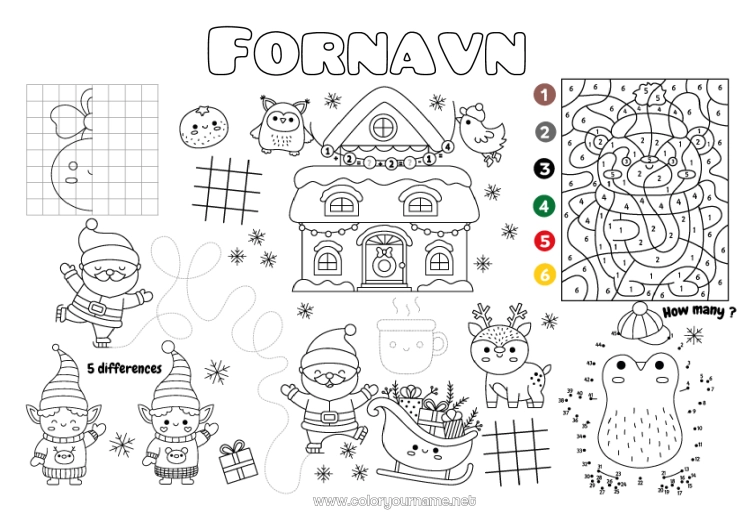 Fargeleggingssiden til utskrift Julenissen Slede Julealver Jul Tall Magiske fargelegginger Barnaktiviteter Punkter å koble sammen Søk og finn Labyrint Symmetri Utskriftsvennlig borddekorasjon Tall å Koble