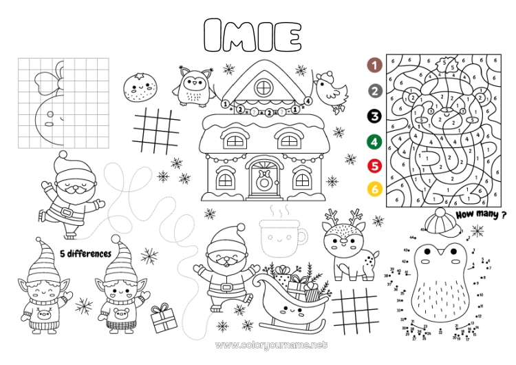 Kolorowanka do wydruku Święty Mikołaj Sanie Świąteczne skrzaty Boże Narodzenie Cyfra Magiczne kolorowanki Aktywności dla dzieci Punkty do połączenia Szukaj i znajdź Labirynt Symetria Zestaw do druku na stół Liczby do Połączenia