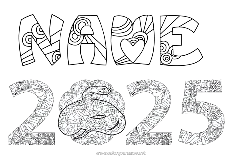 Colouring page to print Happy New Year Chinese New Year Snake Zentangle Reptiles 2025