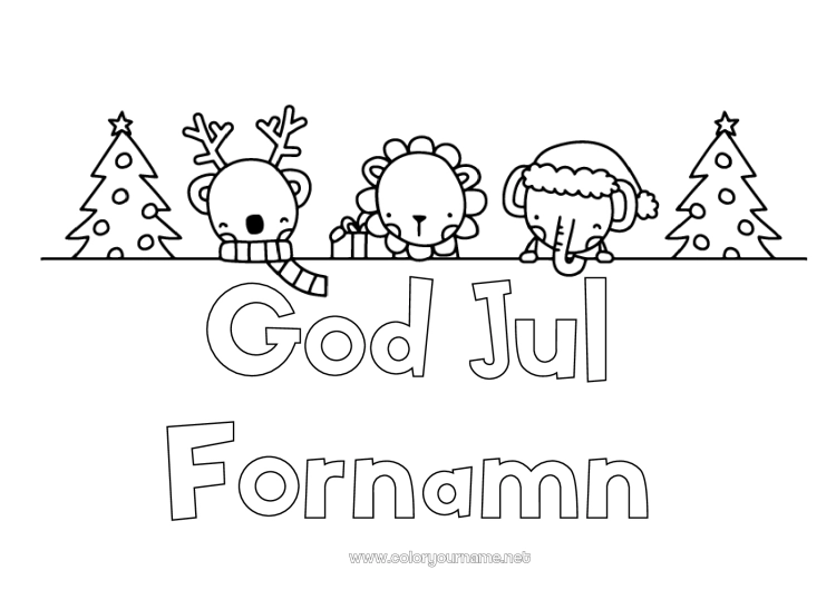 Färgläggningssida att skriva ut Julgran Ren Jul Elefant Lejon Djur Afrikas vilda djur Skogens djur Gran God Jul!