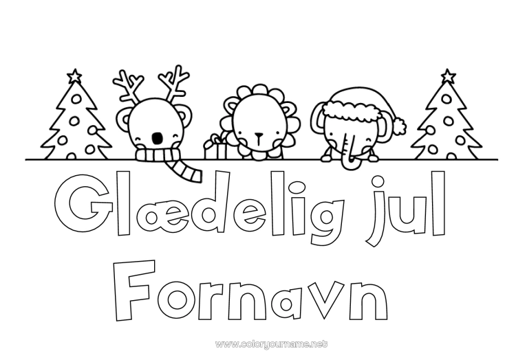 Farvelægningssiden til udskrivning Juletræ Rensdyr Jul Elefant Løve Dyr Afrikanske vilde dyr Skovens dyr Grantræ