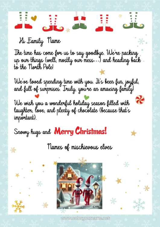 Colouring page to print Christmas Elves Letters From Mischievous Elves Departure Letter, Goodbye Elf