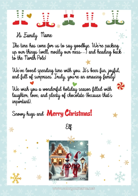 Colouring page to print Christmas Elves Letters From Mischievous Elves Departure Letter, Goodbye Elf