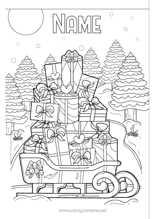 Colouring page to print Snow Gifts Sledge Christmas Snowflakes Fir Tree