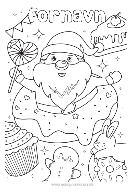 Farvelægningssiden til udskrivning Julemanden Mad Peberkager Donuts Slik, søde sager Muffin Sut