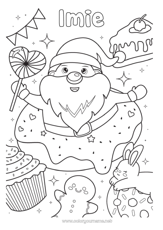 Kolorowanka do wydruku Święty Mikołaj Jedzenie Piernik Pączki Słodkości, łakocie Babeczka Słodka laska