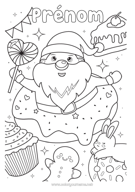 Coloriage à imprimer Père Noël Nourriture Pain d'épices Donuts Gourmandises, sucreries Cupcake Sucette