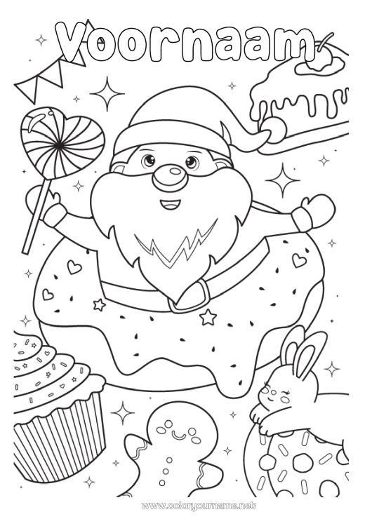 Kleurplaat om af te drukken Kerstman Voedsel Peperkoek Donuts Lekkernijen, zoetigheden Cupcake Lolly