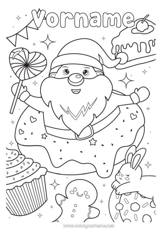 Malvorlage zum Ausdrucken Weihnachtsmann Essen Lebkuchen Donuts Leckereien, Süßigkeiten Cupcake Lutscher