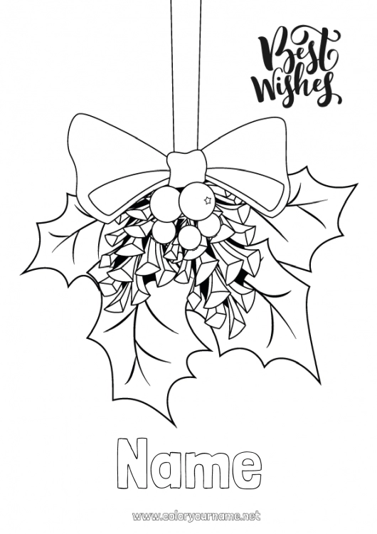 Coloring page to print Happy new year Holly Mistletoe