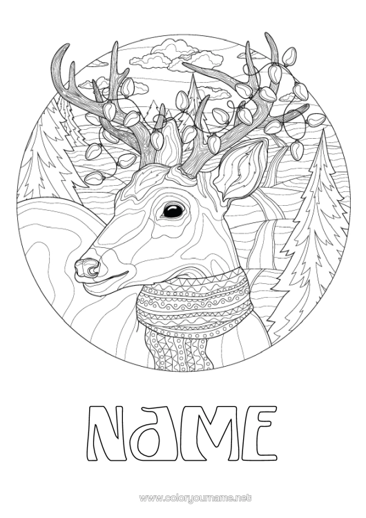 Colouring page to print Winter Animal Forest Animals Deer Scarf