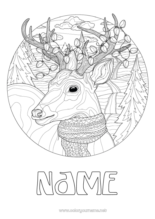 Coloring page to print Winter Animal Forest animals Deer Scarf