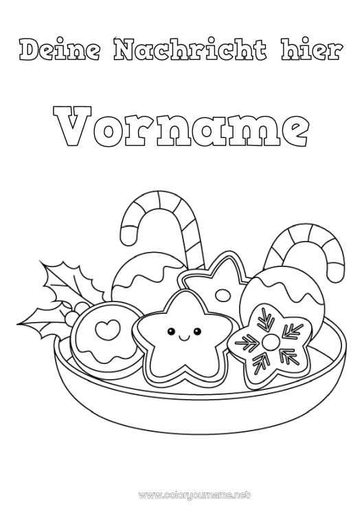 Malvorlage zum Ausdrucken Weihnachten Kawaii Pfefferminz Leckereien, Süßigkeiten Einfache Ausmalbilder Kekse