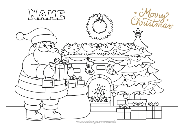 Colouring page to print Gifts Christmas Tree Father Christmas Hood Chimney Crown Christmas Stocking "Merry Christmas" Message