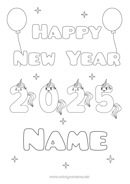 Colouring page to print Cute Unicorn Happy New Year Animal Dragons, Unicorns, And Fantastical Creatures 2025 "Happy New Year"