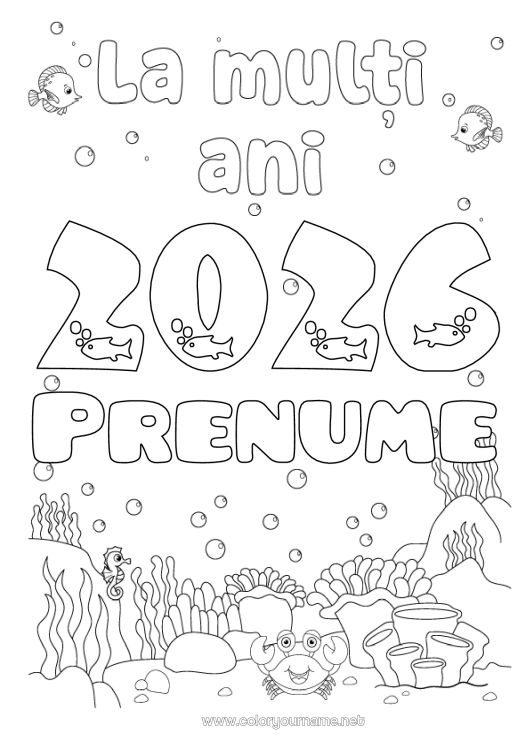 Pagină de colorat de imprimat Mare La mulți ani! Pește Hipocamp Crab Animale marine sau acvatice 2025 Mesaj