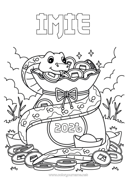 Kolorowanka do wydruku Chiński Nowy Rok Wąż Gady Skarb Części 2025 Rok Do Personalizacji
