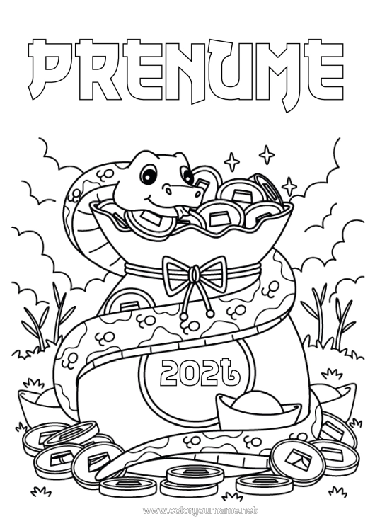 Pagină de colorat de imprimat Anul Nou Chinezesc Șarpe Reptile Tezaur Piese 2025