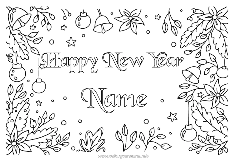 Colouring page to print Flowers Happy New Year Poinsettia "Happy New Year" Framework