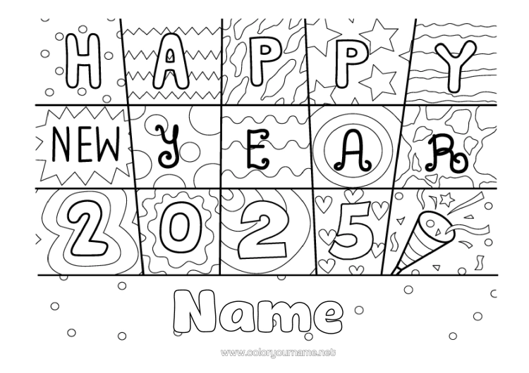 Colouring page to print Happy New Year Zentangle 2025