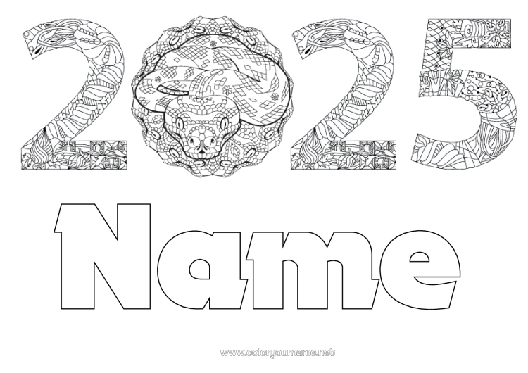 Colouring page to print Happy New Year Chinese New Year Snake Zentangle Reptiles 2025
