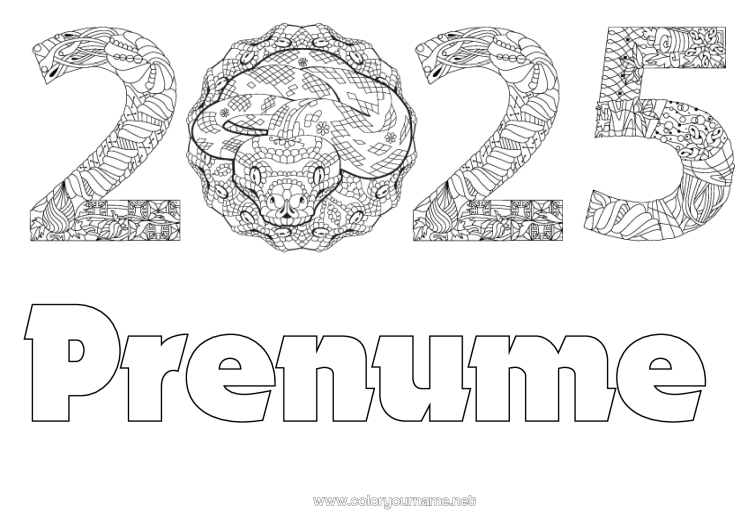 Pagină de colorat de imprimat La mulți ani! Anul Nou Chinezesc Șarpe Zentangle Reptile 2025