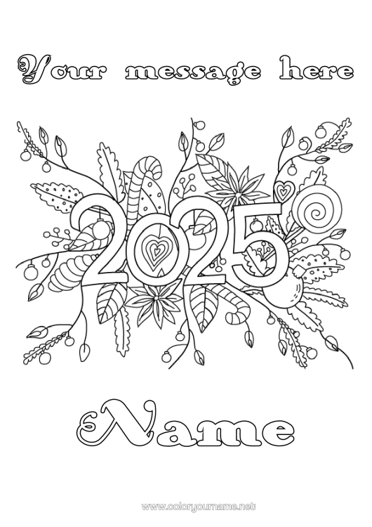 Colouring page to print Flowers Happy New Year 2025