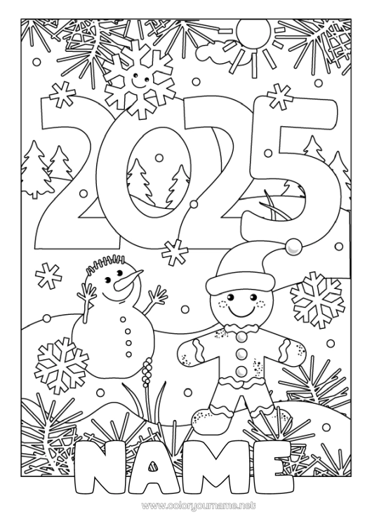Colouring page to print Winter Snowman Gingerbread Snowflakes 2025