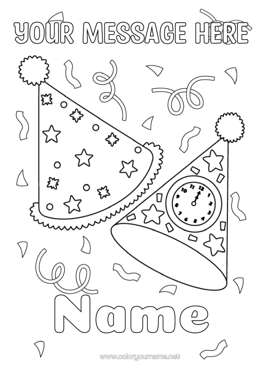 Colouring page to print Birthday Happy Birthday Party Happy New Year Hat Clock
