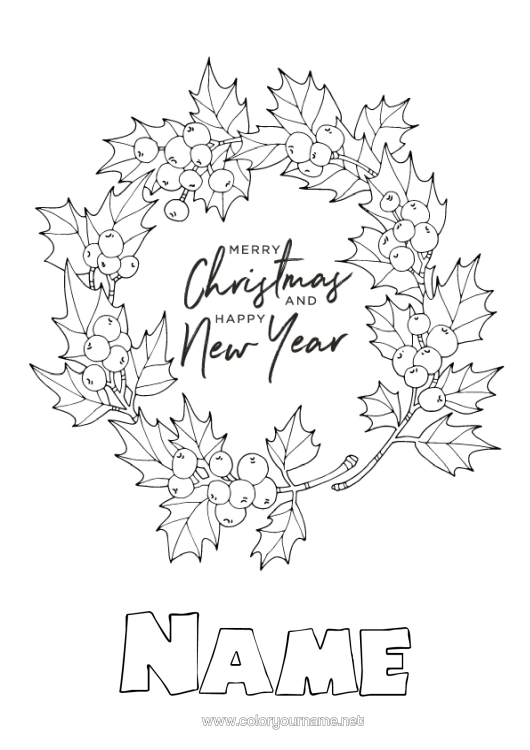 Colouring page to print Christmas Happy New Year Holly Mistletoe Crown "Happy New Year" "Merry Christmas" Message